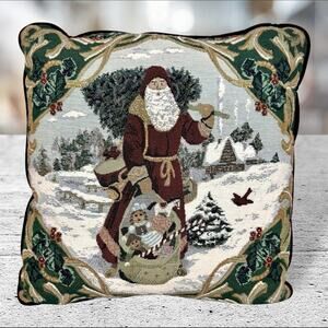 VTG 16” Old World Santa Christmas Tapestry Pillow Red Velvet Back Presents Snow